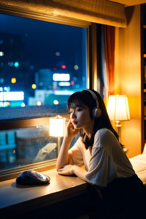 ((highest quality)), ((masterpiece)), (cinematic aesthetic:1.4) Beautiful Korean fashion model bokeh city night photo、A woman wearing headphones is relaxing in her room late at night、The window has a night view and a cat is sleeping beside it、A woman is sitting at a desk and looking at a computer