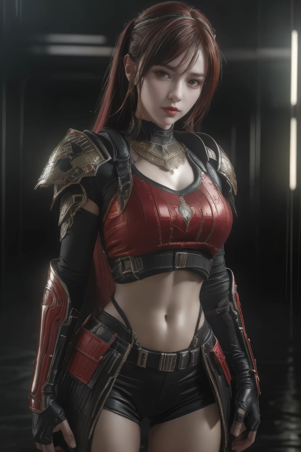 tmasterpiece,Best quality,A high resolution,8K,(Portrait photograph:1.5),(ROriginal photo),real photograph,digital photography,(Combination of cyberpunk and fantasy style),(Female soldier),20 year old girl,random hair style,By bangs,(Red eyeigchest, accessories,Redlip,(He frowned,Sneer),(Cyberpunk combined with fantasy style clothing,Openwork design,joint armor,police uniforms,Red clothes,Green),exposing your navel,Photo pose,Realisticstyle,Thunder and lightning on rainy day,(Thunder magic),oc render reflection texture