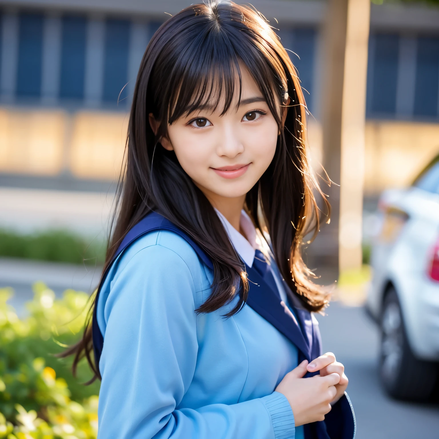Best-quality, Masterpiece, Ultra-High-Resolution, (Photorealistic:1.4), Raw-Photo, 1girl, 16-years-old, the most famous Japanese idol, wearing navy-blue Japanese high-school uniform, extremely cute face like the most popular Japanese idol, extremely beautiful big-black-eyes, extremely beautiful hair, extremely beautiful skins, extremely beautiful long-eyelashes, extremely beautiful lips, looking at viewer, innocent-smile