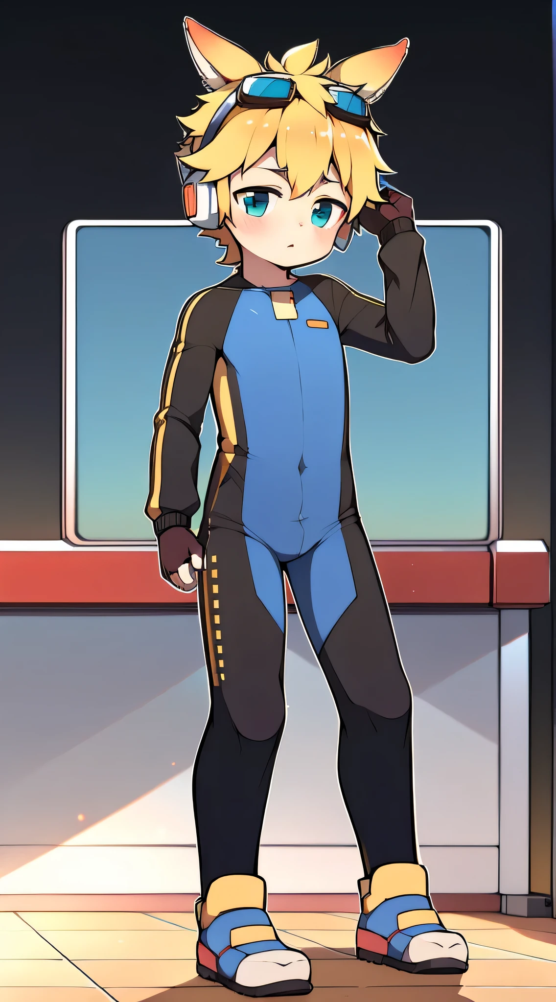 2D Boy Shota，One-piece racing suit，Slim, healthy body，Put the headphones on your head，stand up，goggles，Rabbit ears