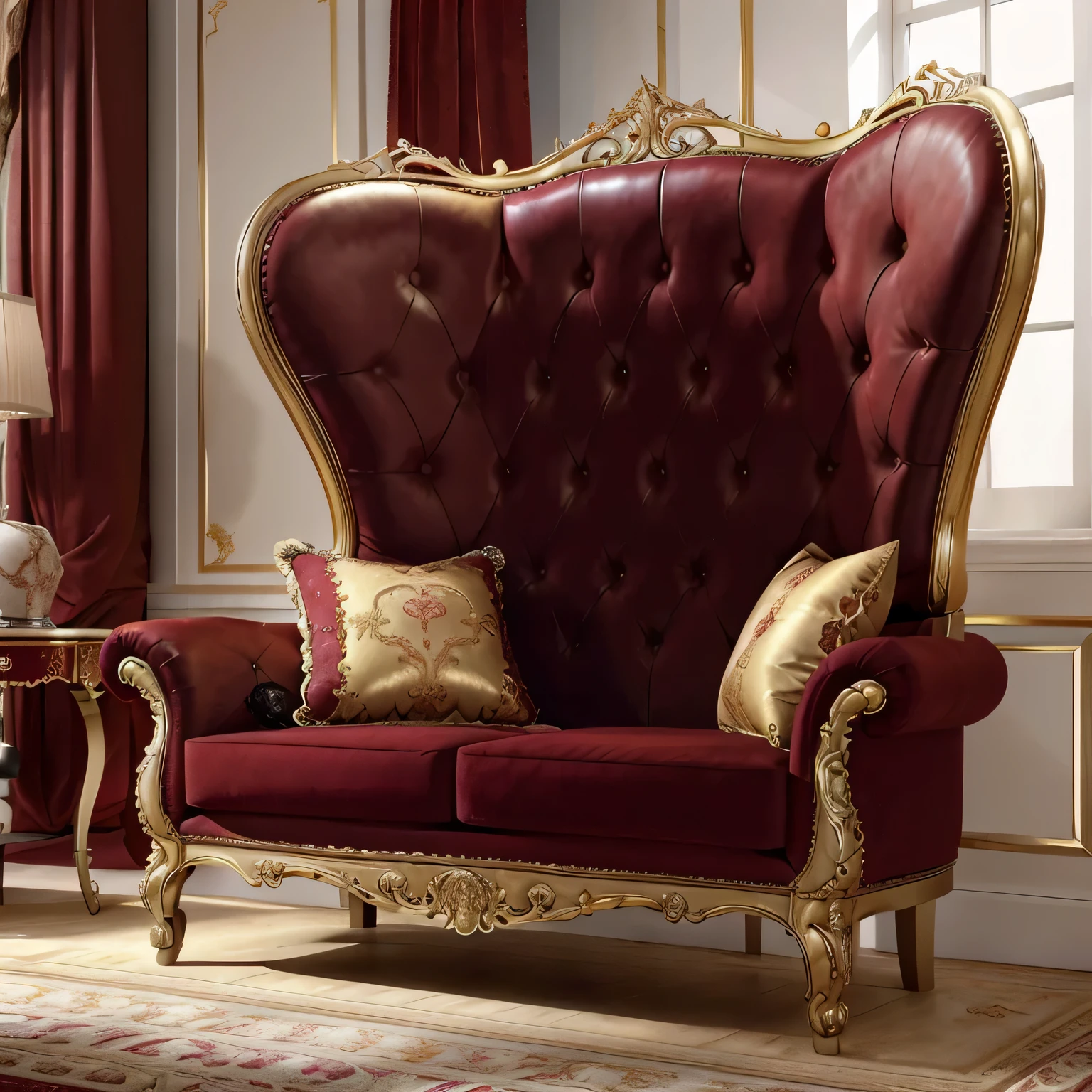 arafed red and gold couch with pillows and pillows on it, elegant furniture, luxury furniture, furniture and decor, red velvet furniture, lavish rococo baroque setting, ornate furniture, elegant baroque, french provincial furniture, fancy drapery on furniture, elegant and ornate, exquisite aristocratic, sitting on vintage leather sofa, 1 8 th century style