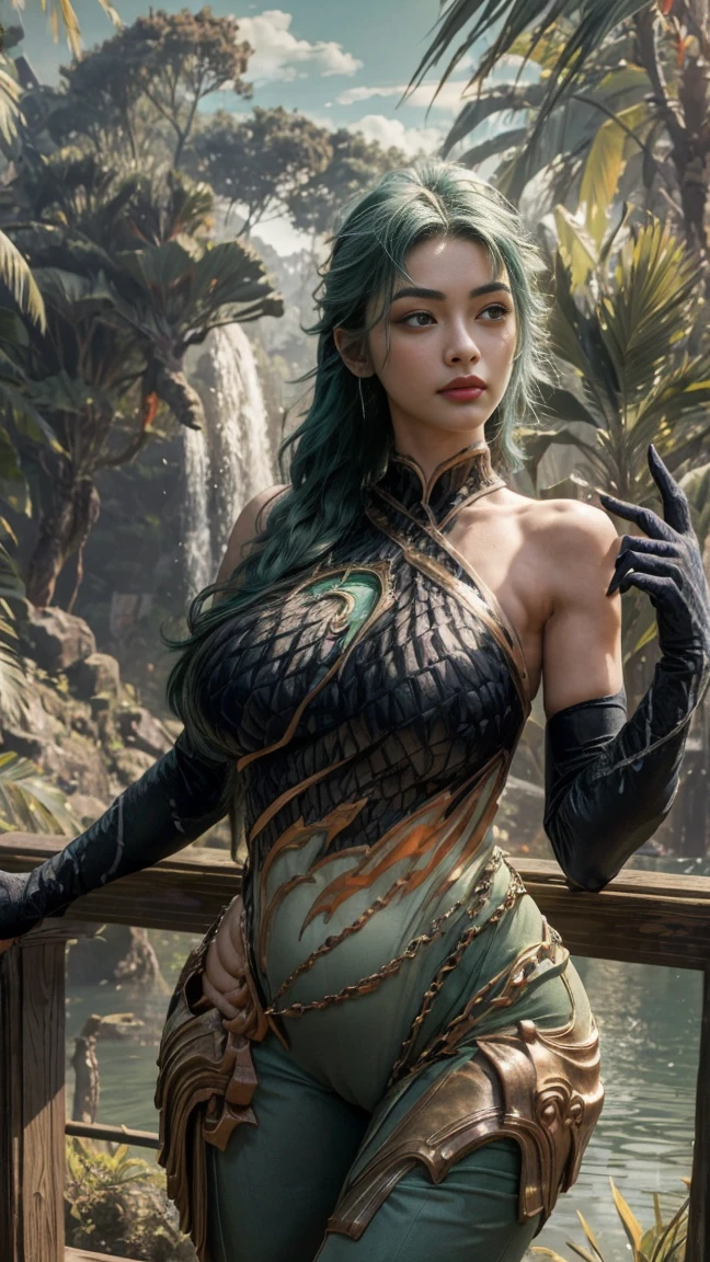 (The tall girl puts her hand in front of her and points to the side), combat pose, BREAK, (Dark background, Bamboo forest), (Slim_thights:1.3), ((big breastes)), Slender_thights, aqua hair, 1girl, solo, (Miniature body:1.4), generous cleavage, Posing, detailed anatomy, the perfect body, Detailed body, detailized face, Beautiful anatomical eyes. BREAK Kaisa Dragon Lagoon,  The BREAK is very detailed, Intricately detailed art, Artstation's Detailed Triadic Color Trend in Unreal Engine 5, 8K resolution, deviantart masterpiece.((Huge perky breasts, thick thighs, huge round buttocks))(cleavage 1.8) green hair, ()((hands behind head, armpits)) full tight pants