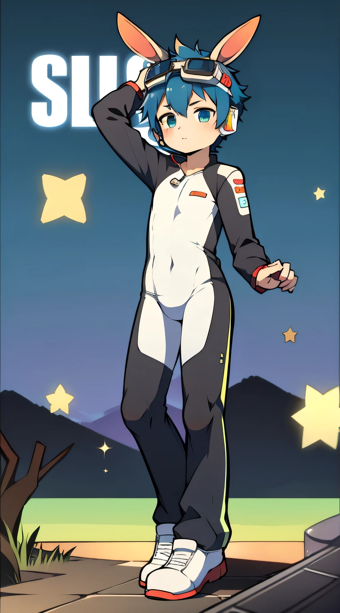 2D Boy Shota，One-piece racing suit，Slim, healthy body，Put the headphones on your head，stand up，goggles，Rabbit ears