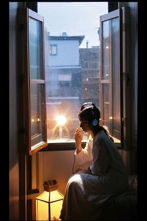 A woman wearing headphones is relaxing in her room late at night、The window has a night view and a cat is sleeping beside it、The woman is relaxing in relaxed clothing。A soothing and fantastical painting、Composition is 16:Please draw it vertically like 9。