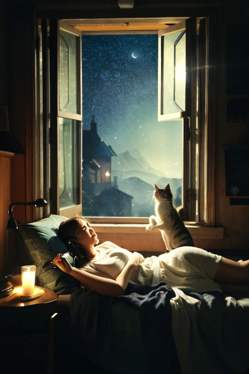 A woman wearing headphones is relaxing in her room late at night、The window has a night view and a cat is sleeping beside it、The woman is relaxing in relaxed clothing。A soothing and fantastical painting、Composition is 16:Please draw it vertically like 9。