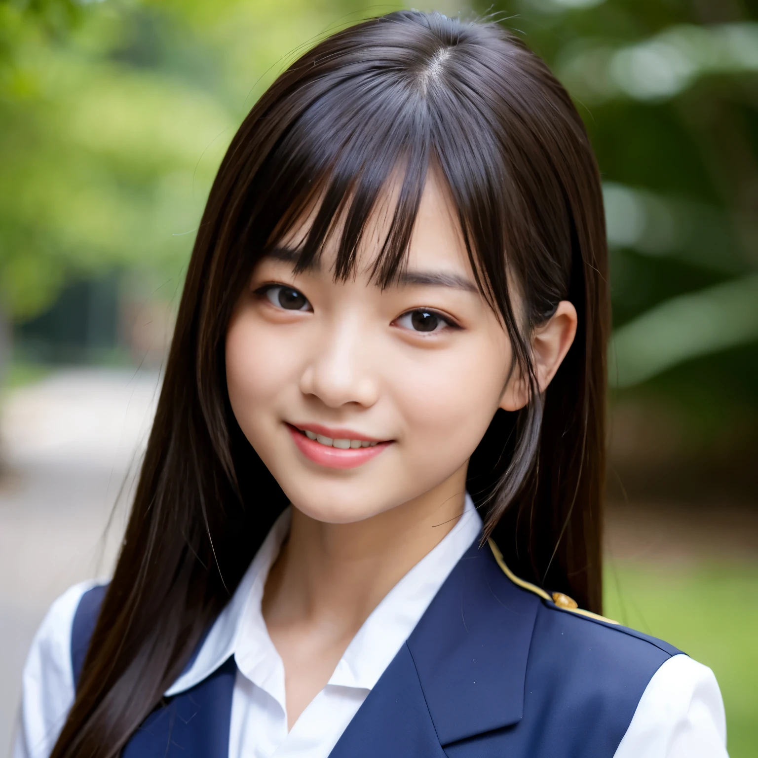 Best-quality, Masterpiece, Ultra-High-Resolution, (Photorealistic:1.4), Raw-Photo, the most famous Japanese idol is wearing navy-blue Japanese high-school uniform. extremely cute face like the most popular Japanese idol, extremely beautiful big-black-eyes, extremely beautiful hair, extremely beautiful skins, extremely beautiful long-eyelashes, extremely beautiful lips, looking at viewer, innocent-smile