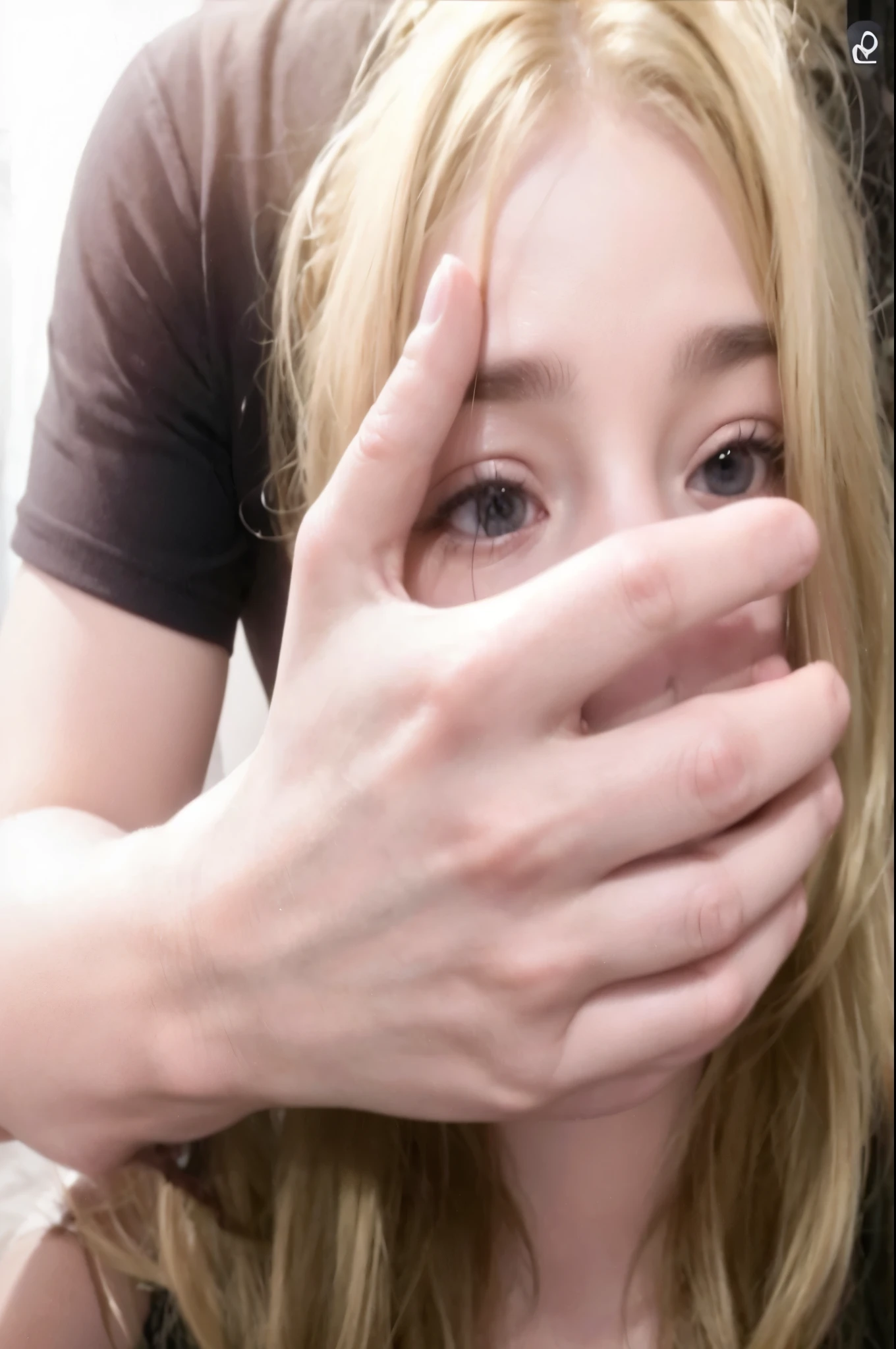 Blonde woman covering her eyes with her hands while looking at the camera., entregar la boca, manos protegiendo la cara, manos en la cara, llevando sus manos a su cara, imagen maldita, Sidney Sweeney, mano en lugar de cara, mano en su barbilla, the mask covers his entire face, mano en la mejilla, la chica esta asustada, giga chad llorando
