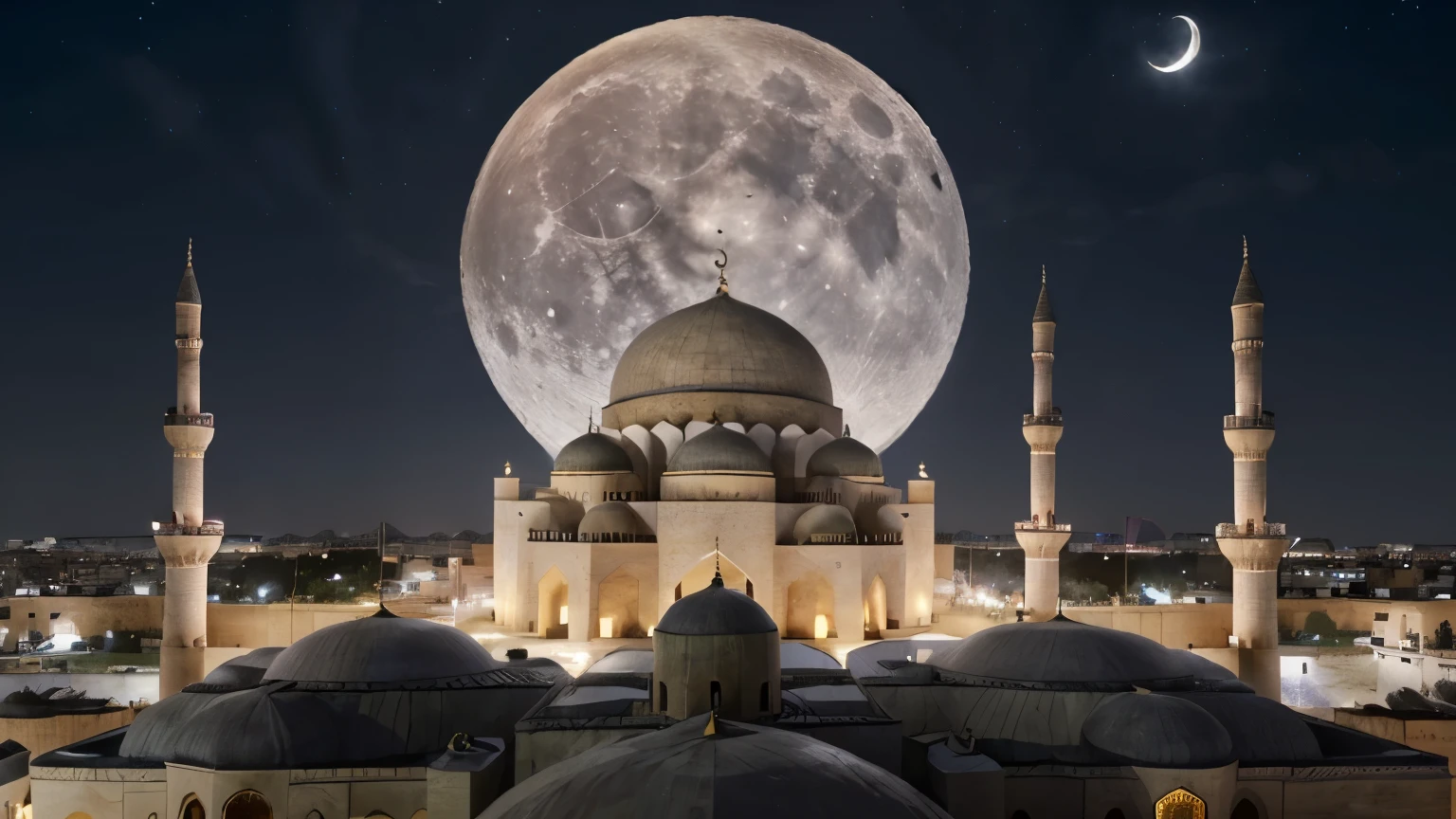 a view of a mosque with a full moon in the background, a digital rendering by Kamāl ud-Dīn Behzād, shutterstock, hurufiyya, arabian night, with beautiful mosques, ☁🌪🌙👩🏾, arabian nights, minarets, mosque, at night with full moon, beautiful moonlight night