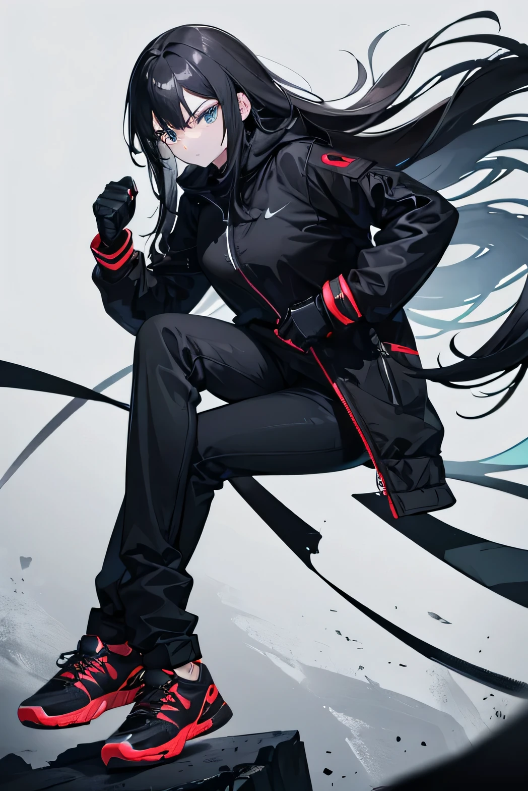 Girl coat black, gloves on hands, serious face, black pants, withe nike sneakers, long hair black, black shirt long, dark power to fight