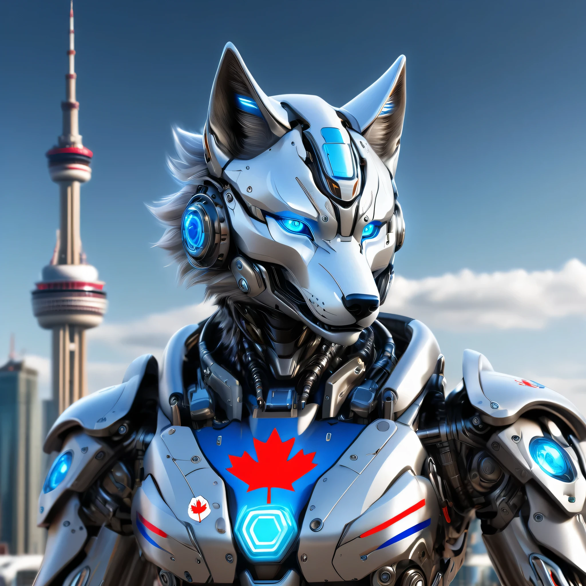 an ultra detailed, hiper realism, digital art, of a mecha Wolf, blue eyes, with in an elegant Canada flag colors in your cyborg armor with mechanic parts and cyborg helmet and CN Tower on background , sci-fi armor, super detailed armor, carbon textures, ghost in the shell, deus ex, full body shot, action pose, ultra sharp focus, award winning photography, perfect contrast, high sharpness, depth of field, ultra detailed photography, global illumination, smooth, 18mm, full body vision, ultra high definition, 8k, unreal engine 5, ultra sharp focus, award winning photography, trending on artstation