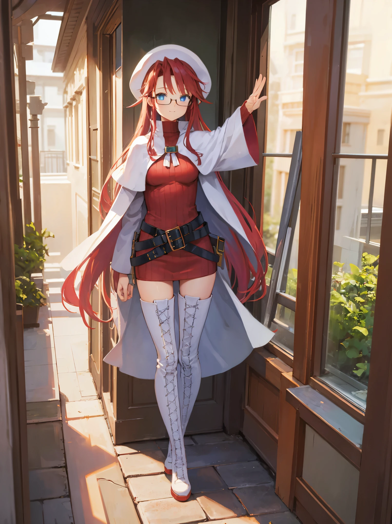 summonnightaty, aty, long hair, blue eyes, red hair, beret, hat, glasses,
BREAK long hair, thighhighs, hat, dress, boots, glasses, belt, cape, sweater, zettai ryouiki, beret, thigh boots, white footwear, ribbed sweater, loose belt,solo,
BREAK outdoors, fantasy,on_a_ship,
BREAK (masterpiece:1.2), best quality, high resolution, unity 8k wallpaper, (illustration:0.8), (beautiful detailed eyes:1.6), extremely detailed face, perfect lighting, extremely detailed CG, (perfect hands, perfect anatomy),covered_nipples,covered_navel,light_smile ,(half_eyes:1.4),sword,armpit,sleepy,dynamic_standing,barrel,red_sweater,apart_legs,magical_effect,back,