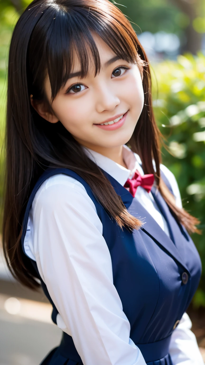 Best-quality, Masterpiece, Ultra-High-Resolution, (Photorealistic:1.4), Raw-Photo, the most famous Japanese idol, navy-blue Japanese high-school uniform, extremely cute face like the most popular Japanese idol, extremely beautiful big-black-eyes, extremely beautiful hair, extremely beautiful skins, extremely beautiful long-eyelashes, extremely beautiful lips, extremely beautiful thighs, looking at viewer, innocent-smile