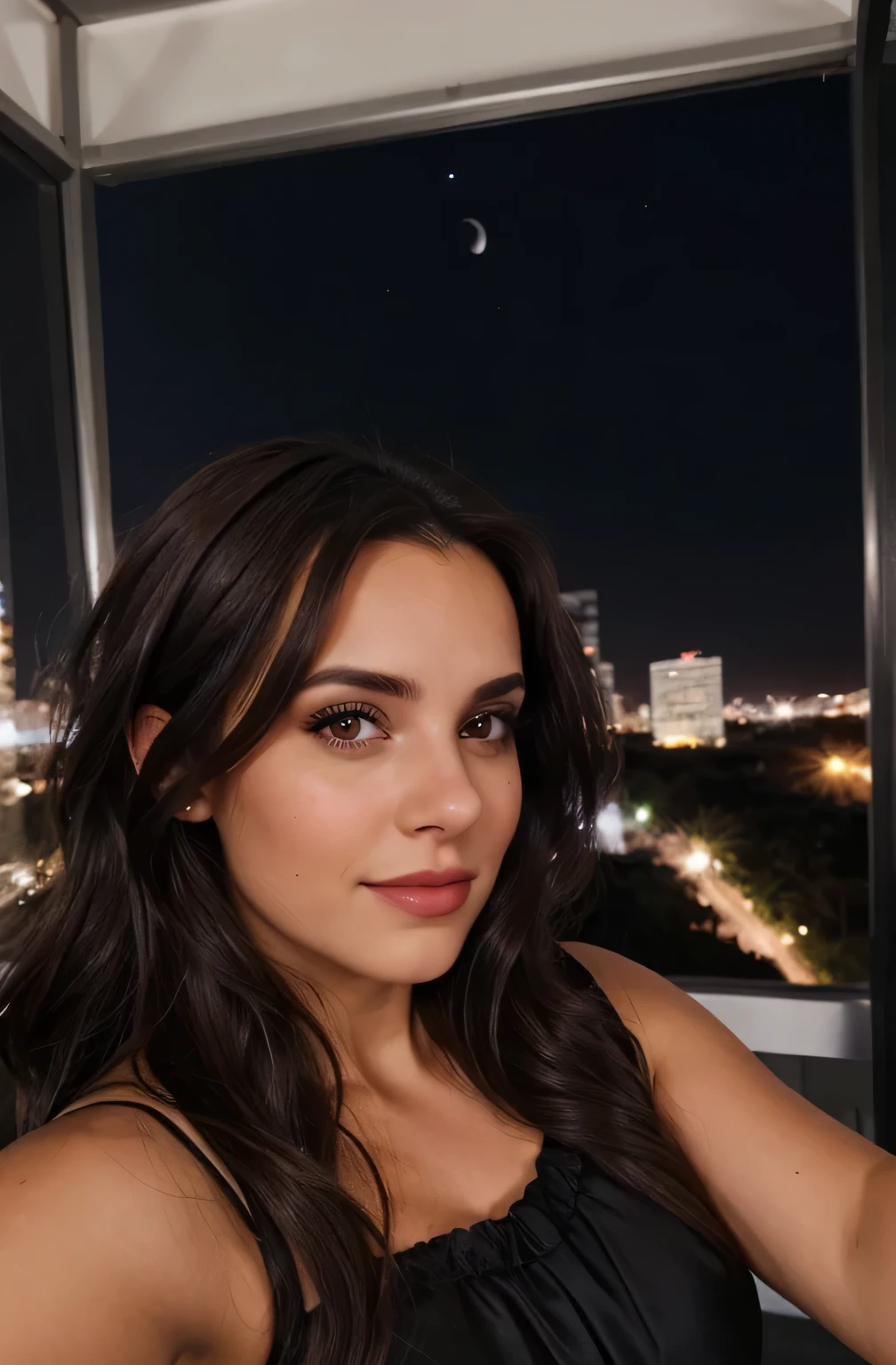 1mujer, (realista:0.75), brown hair, Cabello largo, ojos negros, feliz,selfie,wearing black night dress,night time
