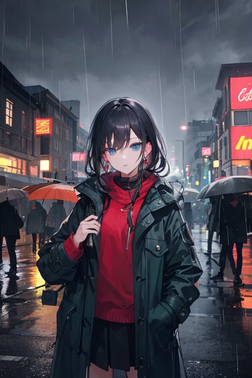 masterpiece, highest quality, 1 girl, City of night, rain, coat, detailed face, fine eyes, beautiful eyes, not looking at the audience, put one's hand in one's pocket