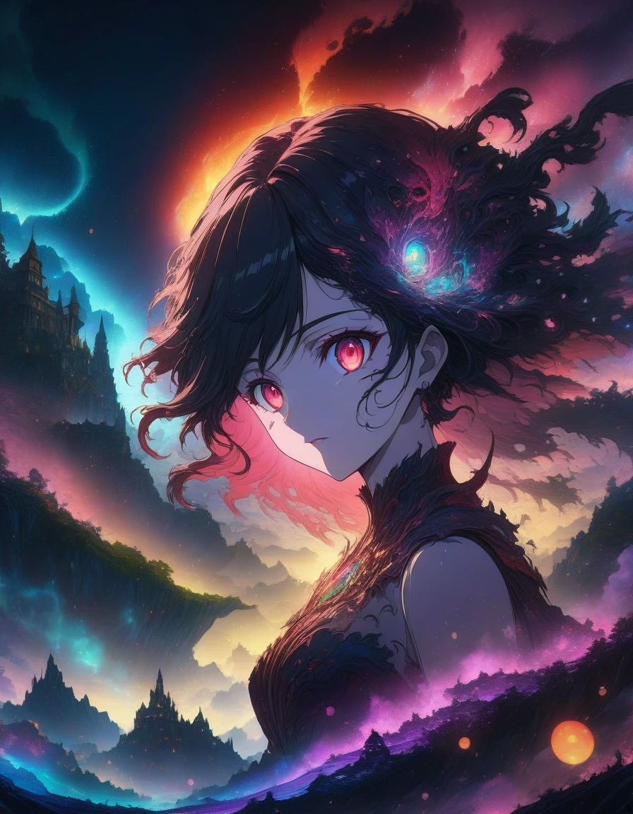 1girl, haunting shadows, endless night, 4k, 8k, highres, double exposure, hyperdetailed, fantasy, Richard Anderson style, Gris Grimly style, Norman Ackroyd style, vivid colors, bokeh, sharp focus, professional, physically-based rendering, studio lighting, horror, anime, photography, landscape, portraits, concept artists, dark tones, dramatic lighting, ethereal atmosphere, eerie ambiance, surreal depiction, dreamlike composition, mysterious figures, fantastical creatures, mystical landscapes, layered textures, hazy silhouettes, glowing celestial objects, otherworldly experience, luminous moonlight, magical elements, ghostly presence, hauntingly beautiful scenes, textural richness . (masterpiece), (best quality), (ultra-detailed), very aesthetic, illustration, disheveled hair, perfect composition, moist skin, intricate details, anime artwork, anime style, visual, vibrant, studio anime, highly detailed, aesthetic