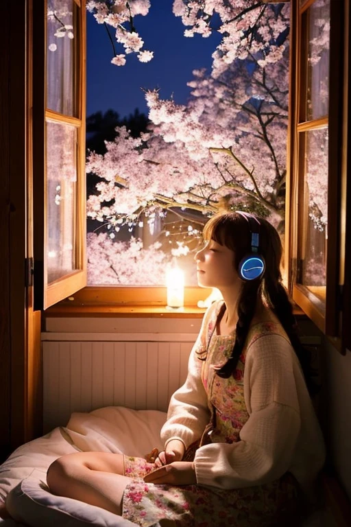 Young girl sitting next to the window in her room and listening to music on headphones, Under the starry sky outside the window、cherry tree is blooming. Capture the beauty and serenity of this scene, Flowers gently illuminated by moonlight々with. Japan