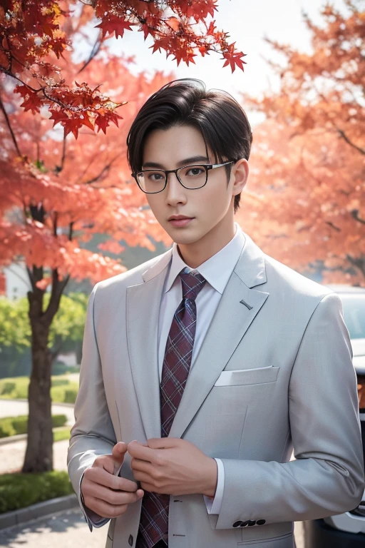 (One wears silver-white titanium alloy thin-rimmed glasses、Wearing a white shirt、Asian man in suit and tie,About 30 years old.Height 180 cm)、best quality、masterpiece、ultra high resolution、(Photo realism:1.4)、original photo、(室外街道上One wears silver-white titanium alloy thin-rimmed glasses、Young handsome man in suit standing up、Standing under the red maple tree、Red and big maple leaves、delicate leaves、branch details)、(A white BMW car next to the man、Man&#39;s hands on car roof)shadow、octane rendering、8K、Super sharp、realistic light、(There is only one car on the street、man&#39;s shining eyes、looking in the direction of the camera)、小LED、Ultra high quality、　High、　gentleman、very beautiful hair、　bright photos、　As handsome as a model、　As handsome as an idol,Professional profile photo, Professional portrait photos、Realistic portrait photos, Detailed color portrait, Portrait of an idol, High quality portrait.