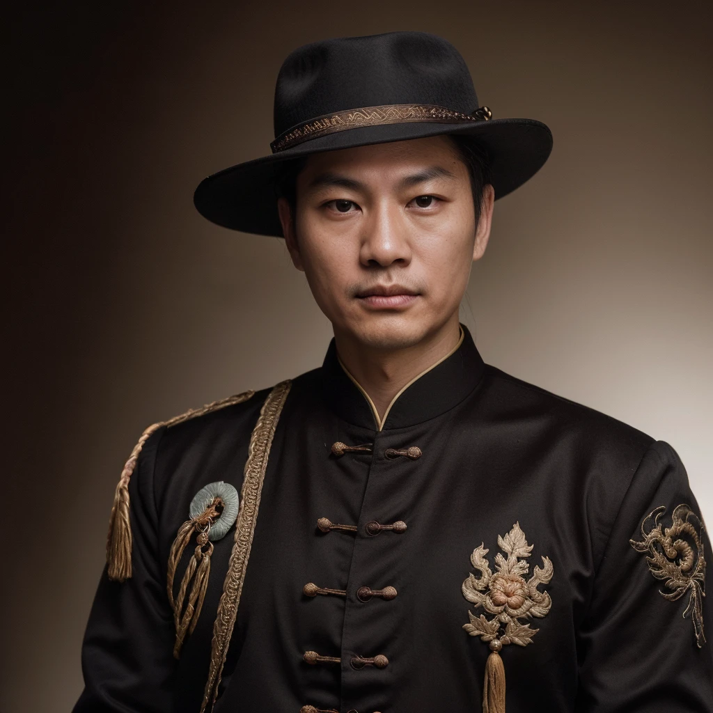 Chinese emperor, black hat, no beard, about 30 years old, face relatively large, brown silk solid color simple official uniform, thin color dragon texture embroidered with openwork embroidery on the clothes, realistic face close-up, character photography, solid color simple background, ambient light, background light, Tyndall light, 8k resolution, realistic skin, realistic shadow and light,sepicrealisme style,
