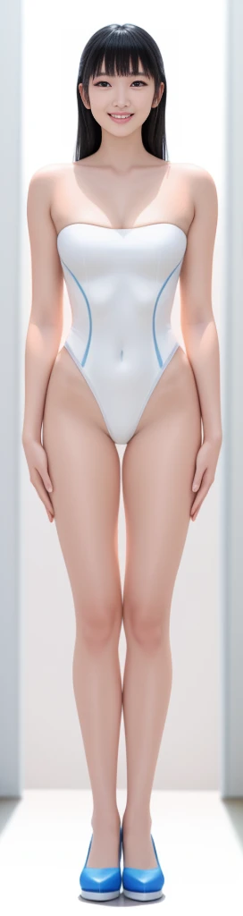 On a white background,A tall and beautiful Chinese girl,with fair skin,Toothy smile,A big smile,When you laugh, Your eyes are crescent-shaped,blunt bangs, long straight hair,Wear a one-piece swimsuit and pumps,Swimsuits are decorated with joyful patterns, Stand up straight,Stand upright,hands on sides,Symmetrical distribution,Ray tracing,All shaded areas,No windows, Soft lighting, Warm light, flood light, no lights on the top, Studio light, 1.4x Realistic Ultra HD
