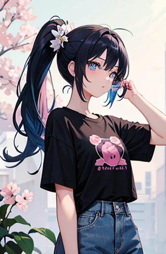 Anime girl with a dark blue hair, french-chinese, named marinatte , woth a blue eyes, wearing a black shirt un button and have a short sleeve inside she wear a white t-shirt that has a pink flower design on it, wearing a sun glasses on her forehead, she wears a pink jean, ponytail hair, full body