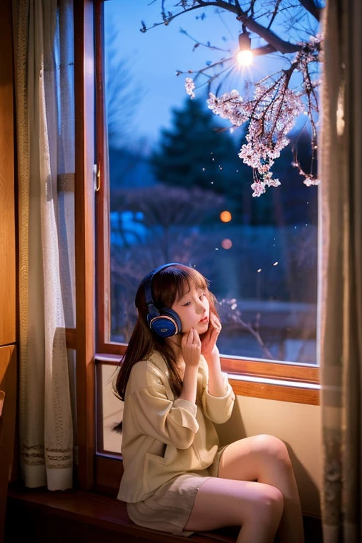 Young girl sitting next to the window in her room and listening to music on headphones, Under the starry sky outside the window、cherry tree is blooming. Capture the beauty and serenity of this scene, Flowers gently illuminated by moonlight々with. Japan,anime style