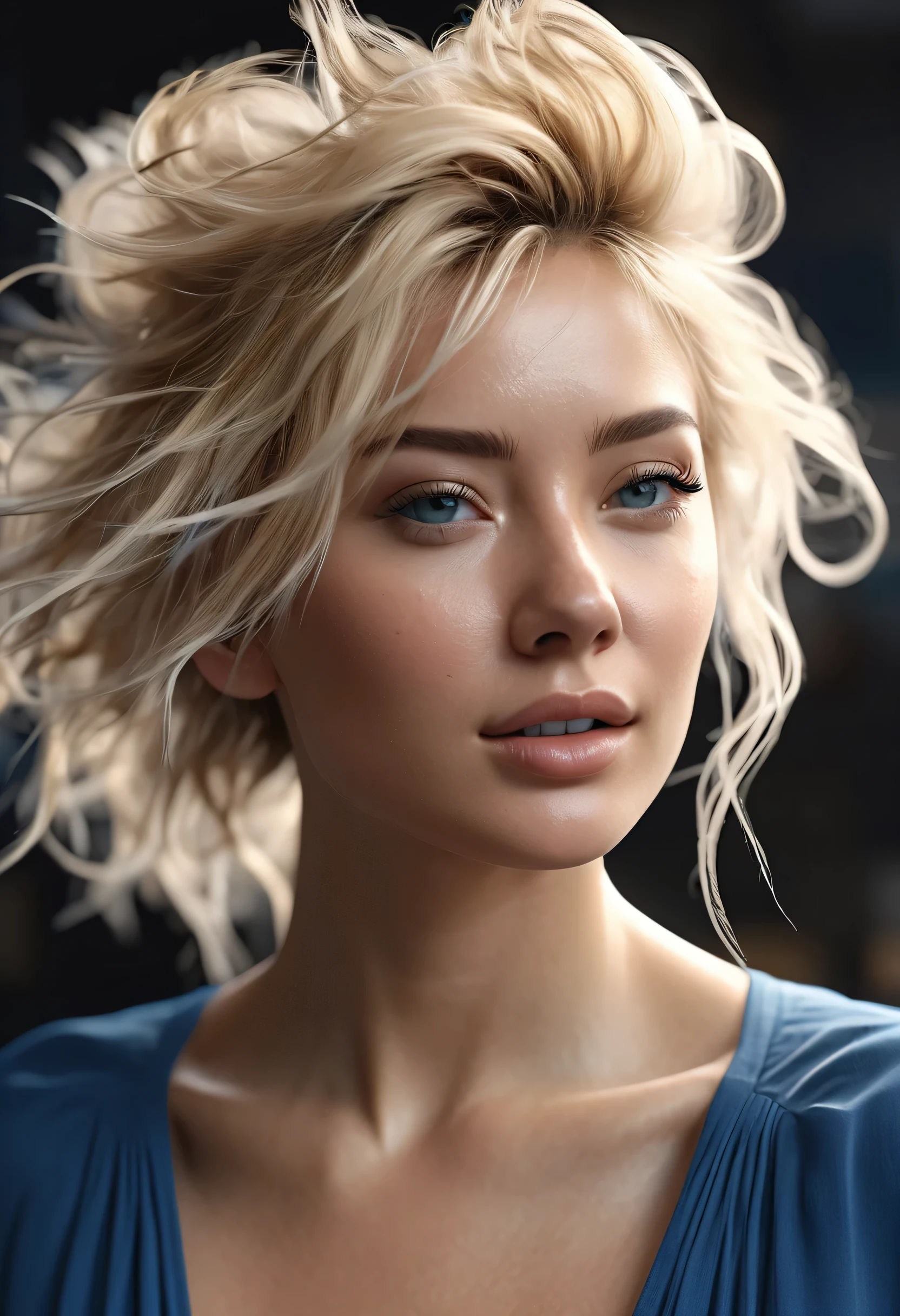 Photorealistic of a insanely beautiful woman with blonde windy messy hair, in the style of panasonic lumix s pro 50mm f/1.4, light beige and dark azure, celebrity images mashups, soft realism, barbiecore, unreal engine 5, 32k uhd, luminous quality, swiss realism, niji 5