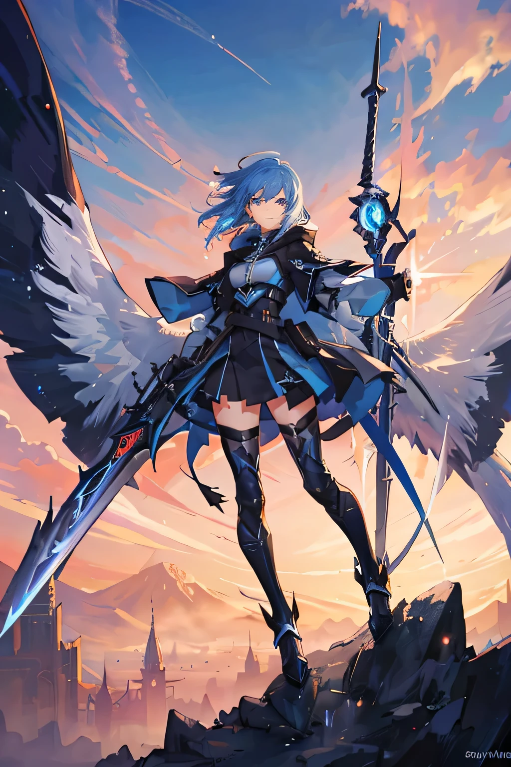 A girl stands in the center of a majestic world holding a wind-powered sword, short hair, blue hair, sci-fi, fantasy, adventure, gacha splash, masterpiece, lens flare, contrast, legendary, astronomy, dark hood vigilante, (masterpiece), windblade, beautiful