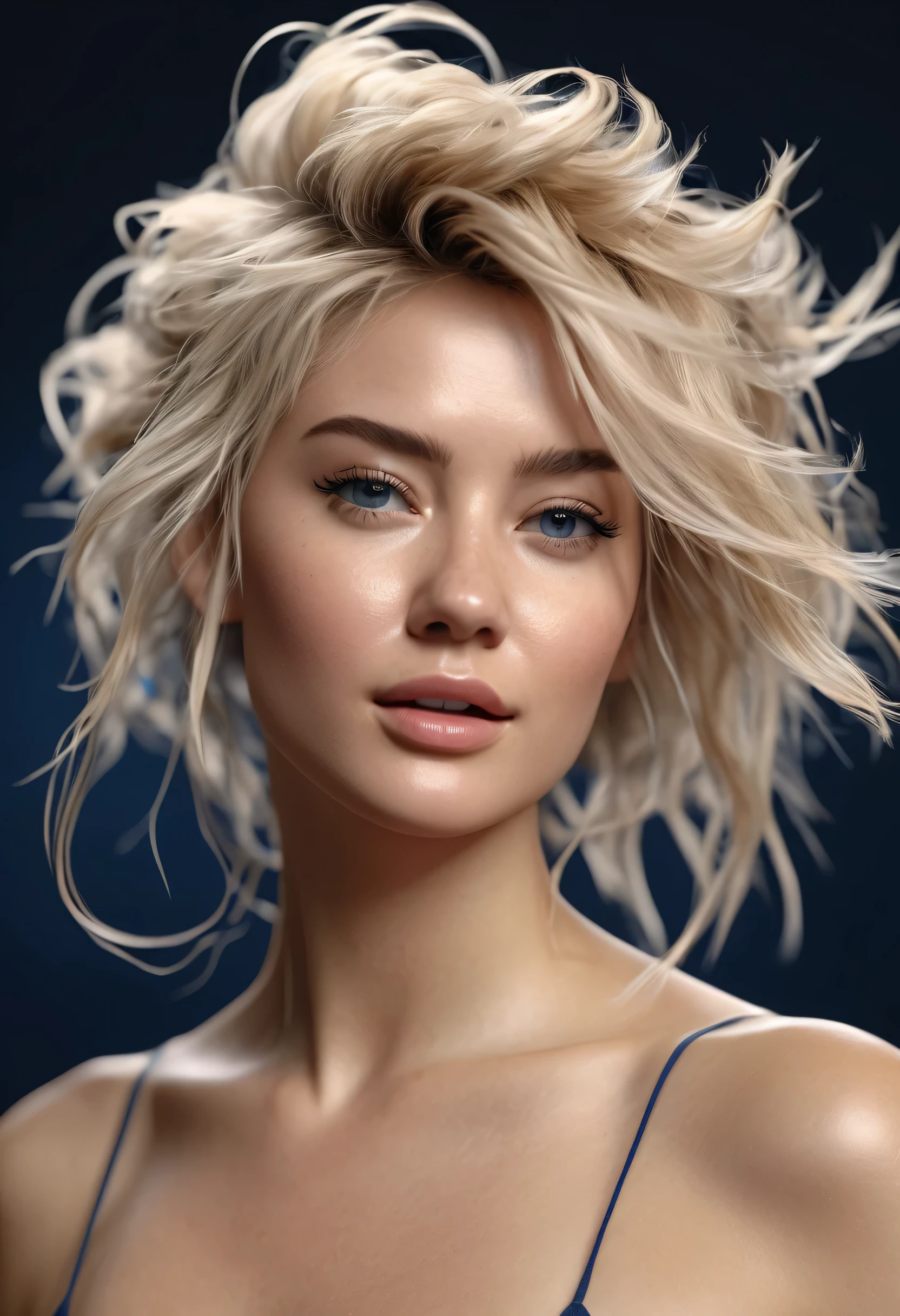 Photorealistic of a insanely beautiful woman with blonde windy messy hair, in the style of panasonic lumix s pro 50mm f/1.4, light beige and dark azure, celebrity images mashups, soft realism, barbiecore, unreal engine 5, 32k uhd, luminous quality, swiss realism, niji 5