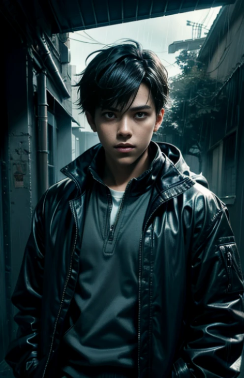 1 boy, Jacket, rain, outside, Blues, open Jacket, series, Backpack, Look at other, Hair split in the middle, Tanned skin, Boy's gender, Focus boy, Trend in Artstation, 8K resolution, Very detailed, Anatomically correct, sharp image, Digital board, Concept art, trend in pixiv, style of makoto shinkai,