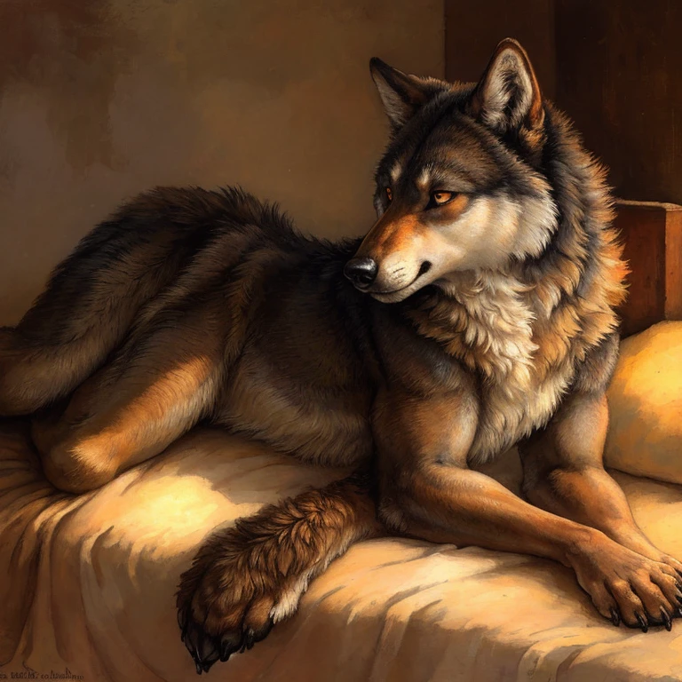 ((symmetrical eyes, dark retinas, simple eyes, large wide eyes)), ((solo)), anthro, male, (coyote), ((sexy, feminine body)), laying on side, shy, (tail:1.2), by blotch, by kenket, (masterpiece, 8k, (perfect hands), correct anatomy:1.2), detailed background, bed, dusk, tan fur