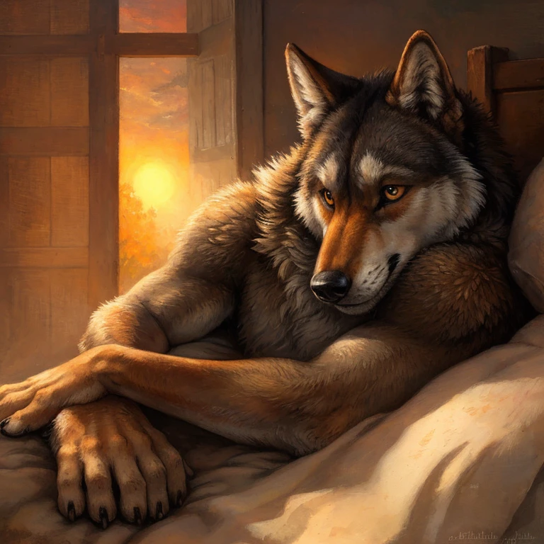 In the quiet solitude of a dimly lit room, a shy anthro male wolf, with symmetrical eyes of dark retinas and simple yet large, wide eyes that exuded an air of shyness, lay on his side. The texture of his fur was a rich tan, as if kissed by the gentle rays of the setting sun. His paws, perfect in every detail, rested delicately on the soft bedding. His wolf tail, twitching with every breath, added to the serene atmosphere of the scene.

This masterpiece, an 8k HD work of art, was expertly crafted by the skilled hands of Blotch and Kenket. The detailed background, with its