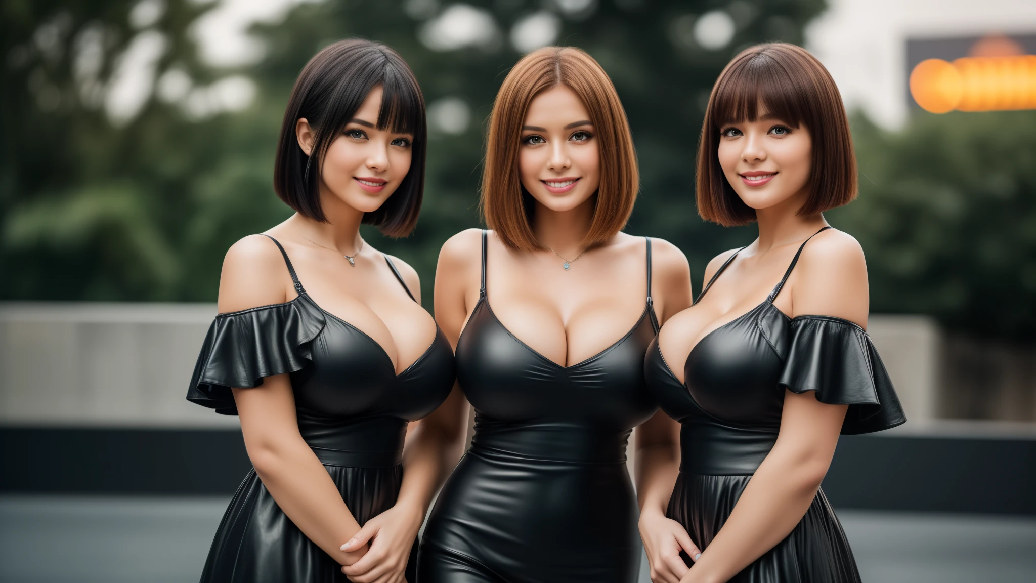 three girls, masterpiece,best qualtiy,hdr, hyper HD, 8K,Bokeh,Ultra-fine painting,Sharp focus,Physically-based rendering,Extreme detail description,portraitures,full-body photo,looking at viewer, (big breasts:1.3), red and black summer dress, sexy smile, Leather, (long bob_cut hair), (EOS R8, 50 millimeters, F1.2, 8K, RAW photo:1.2), photograph by arny freytag