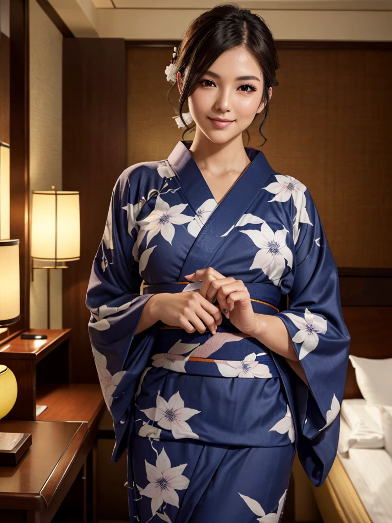 1 beautiful woman, seductive sexy, Alluring plumpness:1.3, Brunette, Straight-haired, pupils sparking, long upper eyelashes, (wearing yukata in hotel:1.5), Japanese-style rooms at the hotel, futon, seductive smile, light blush, ear blush, seductive expression, sexy tease, high quality chothing, beautiful and delicate chothing, super detail face, high detail and delicate eyes, ((accurate limbs)), ((correct finger)), (super textured skin), high quality background, award winning, masterpiece, anatomically correct, retina, highres, UHD, 16k, 8k