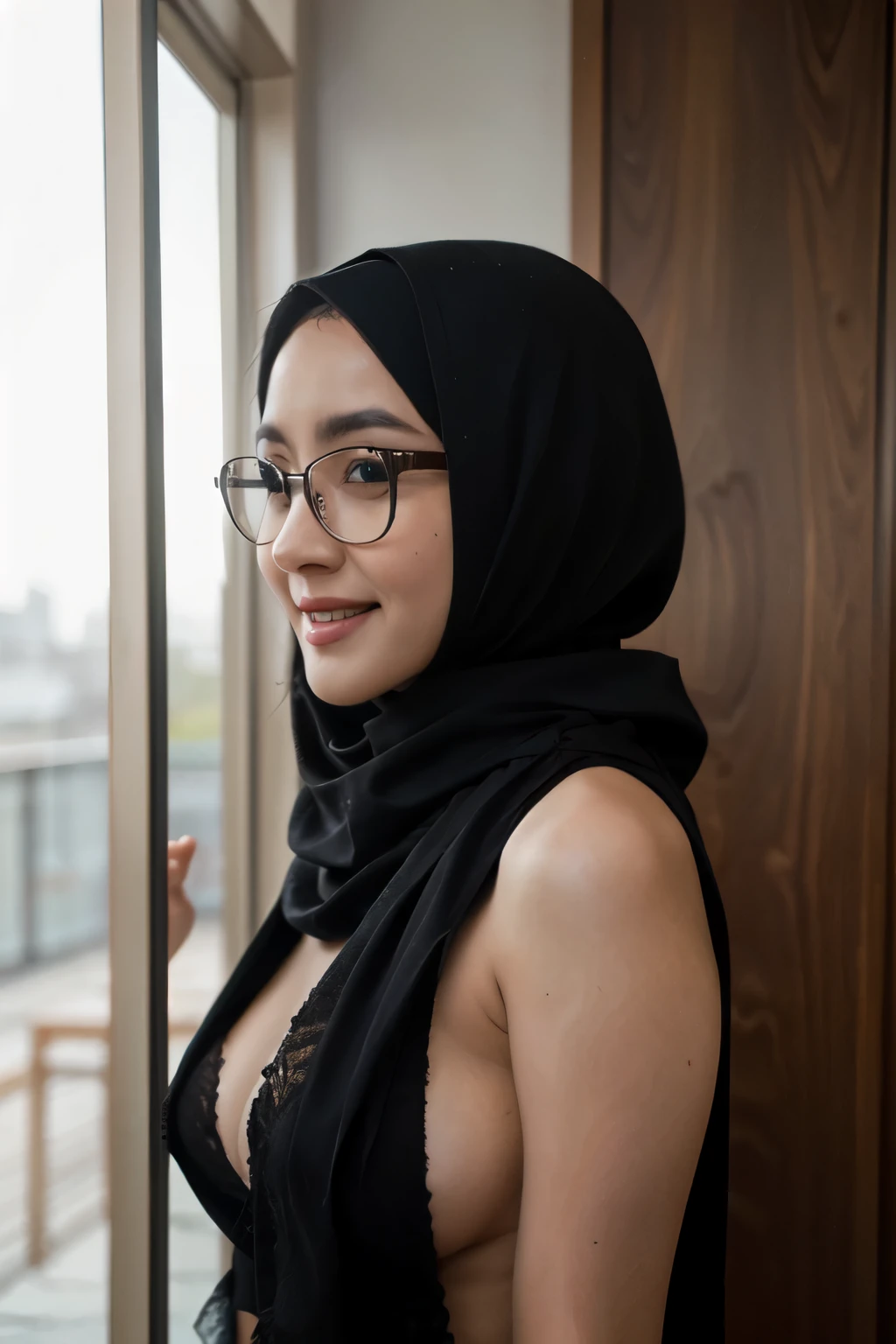 ((best quality)), ((masterpiece)), (detailed), perfect face, there is a woman wearing a black hijab and glasses,indonesian huge tits smile, chubby, hijab, headshot profile picture, portait photo profile picture, inspired by nikita willy, inspired by nikita mirzani, professional profile picture, face is wrapped in a black scarf, wrapped in a black scarf, dilraba dilmurat, traditional beauty, side boob,