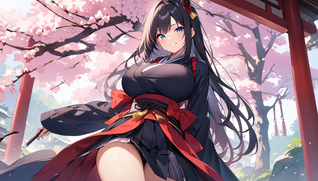 {creation、high quality、Highest image quality、4K}、beautiful woman with big breasts、black hair、blue eyes、japanese samurai、long hair、smile、cherry blossoms、