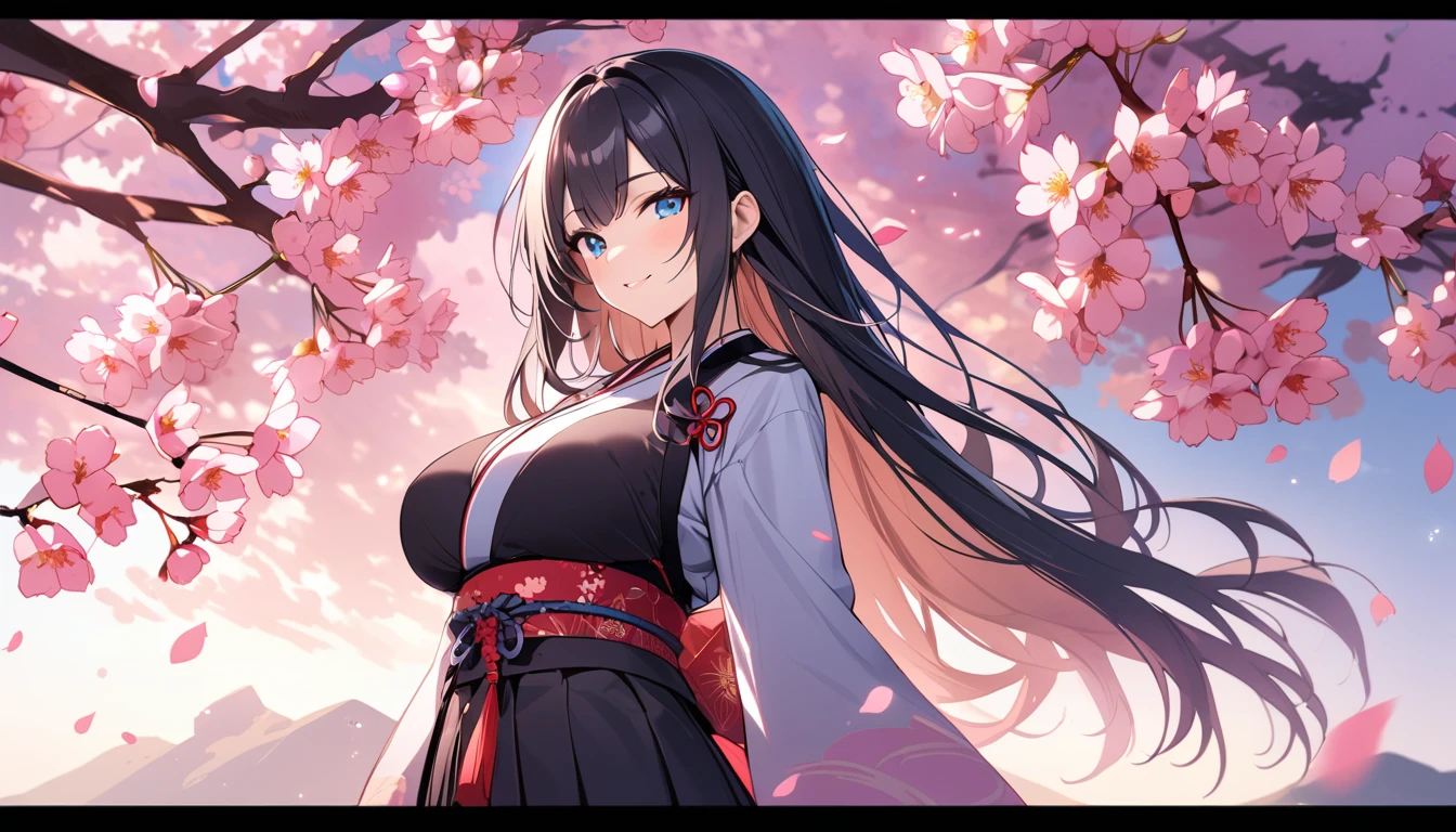 {creation、high quality、Highest image quality、4K}、beautiful woman with big breasts、black hair、blue eyes、japanese samurai、long hair、smile、cherry blossoms、
