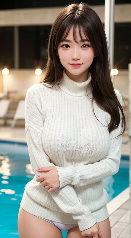 Pure love face_v1, best quality, lifelike, 8K, high resolution, 1girl huge big breasts, woman, (skin dents), (sportswear:0.6), Gordeu, dynamic poses, ((poolside background:1.6)), Coconut Palm Medium Round Breast,white turtleneck sweater:1.4)), looking directly at the viewer:1.8, (1 girl with long hair looking at the audience, Black has, Parted bangs:1.65), (Bokeh), smiling:1.2, (Keep your mouth shut:1.16),