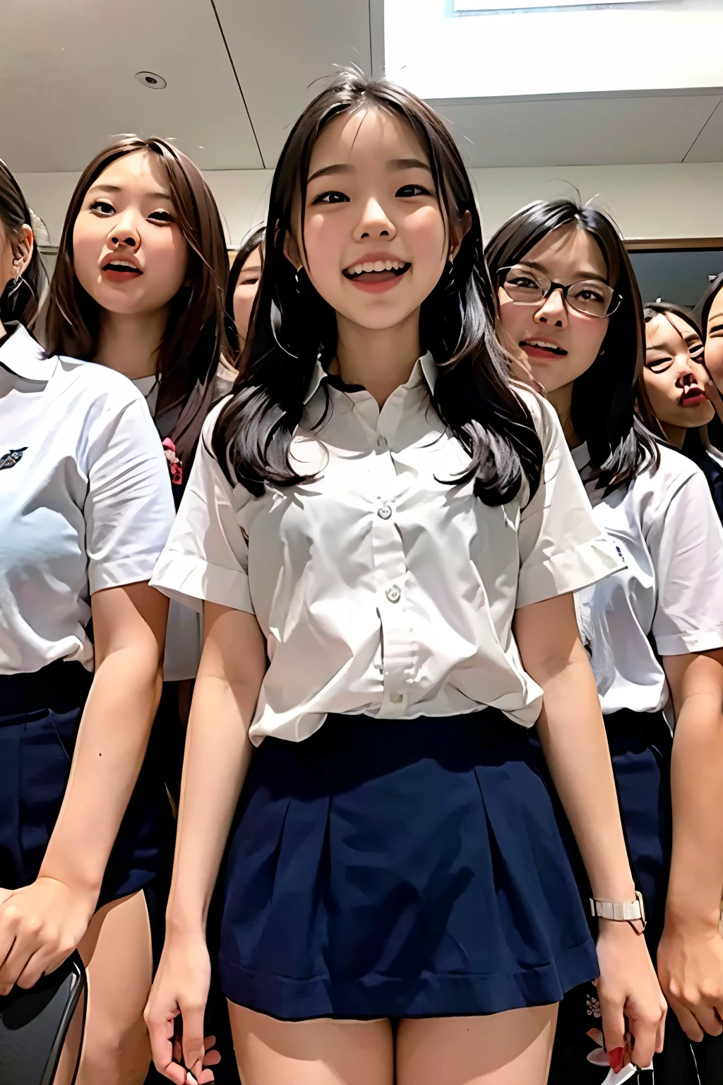 Highest image quality,distinct,8K,highest quality,masterpiece,Group of five girls standing in a row, cute face, highest quality, realistic, Raw photo, professional photography, (The photo was taken from a little distance away, so、You can see the girls' thighs and above.),precise anatomy,distinctな顔面の描写,, pleated skirt , low angle shot, All girls are looking straight at the viewer, girls with wide-open mouths laughter, girls squinting, laughter, low angle shot, laugh atする表現, In the classroom.girl talking,laughter,The girl looks down on the viewer with cold eyes.,A girl makes a scary face and intimidates viewers,A girl who commands the viewer,girl scolds viewer,Angle of view from below,The girls are looking down at the viewer from above..tease,が視聴者をblackmail,shout out loud,Scary girl,provocativeポーズ,provocative,big mouth,open your mouth,Angle of view from below,Girl in arms,laugh at,girl laugh at,sadistic girl,sadistic smile,open your mouth wide,laughter,laughter,Angle of view from below,issue strict orders,Let's get started,Girls who warn loudly,open your mouth wide,Intimidation,blackmail,contemptの眼差し,contempt,contempt,contempt,contemptの眼差し,Intimidation,intimidating,Lined up,line up in a row,An amazing piece