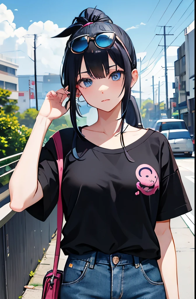 Anime girl with a dark blue hair, french-chinese, named marinatte , woth a blue eyes, wearing a black shirt un button and have a short sleeve inside she wear a white t-shirt that has a pink flower design on it, wearing a sun glasses on her forehead, she wears a pink jean, ponytail hair, full body