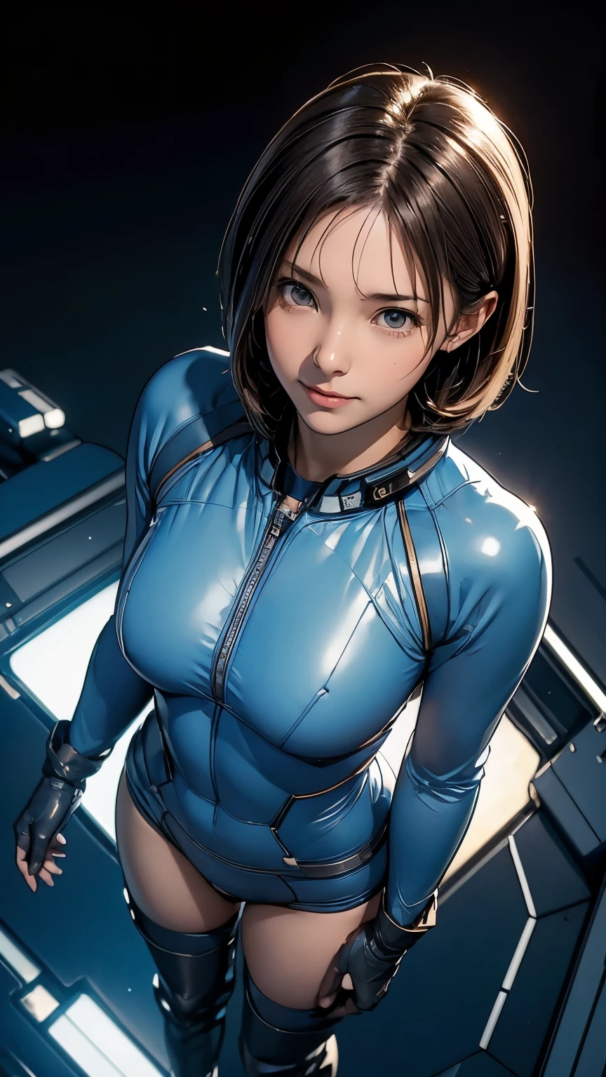 ((masterpiece, highest quality, highest resolution, clear_image, Detailed, Angle from above, woman in a spaceship)), full body figure, 15 year old girl, small face, thin, super short bob cut hair, blue colored eyes, blue and black extra shiny pilot suit, tight-fitting clothes, clothes that cover the whole body, tight fit pants, very delicate and beautiful, hide thighs, hide butt, cute type, gentle smile, soft expression, headset, knee high boots, gloves up to the elbow, eye level shot, face directly, ((cinematic, Interstellar film still))