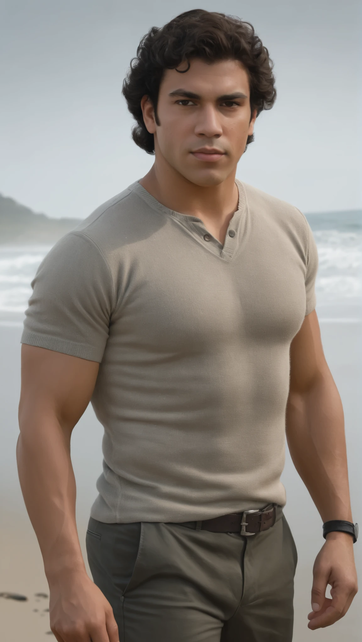 An illustrated movie poster, hand-drawn, full color, a secret agent, male, 21 years-old, wearing a rib-knit shirt and chinos, resembles a young Lou Ferrigno, sun-tanned skin, chubby face, average height, broad shoulders, soft belly, slightly overweight, deep brown eyes, wide bulbous nose, black hair, curly taper fade, thick bushy eyebrows, extremely hairy chest, stomach, and arms, lots of body hair, posing on a cold misty beach, hard shadows, graphite shading, stencil marks, airbrushed acrylic paint, masterpiece, in the style of Skyrim