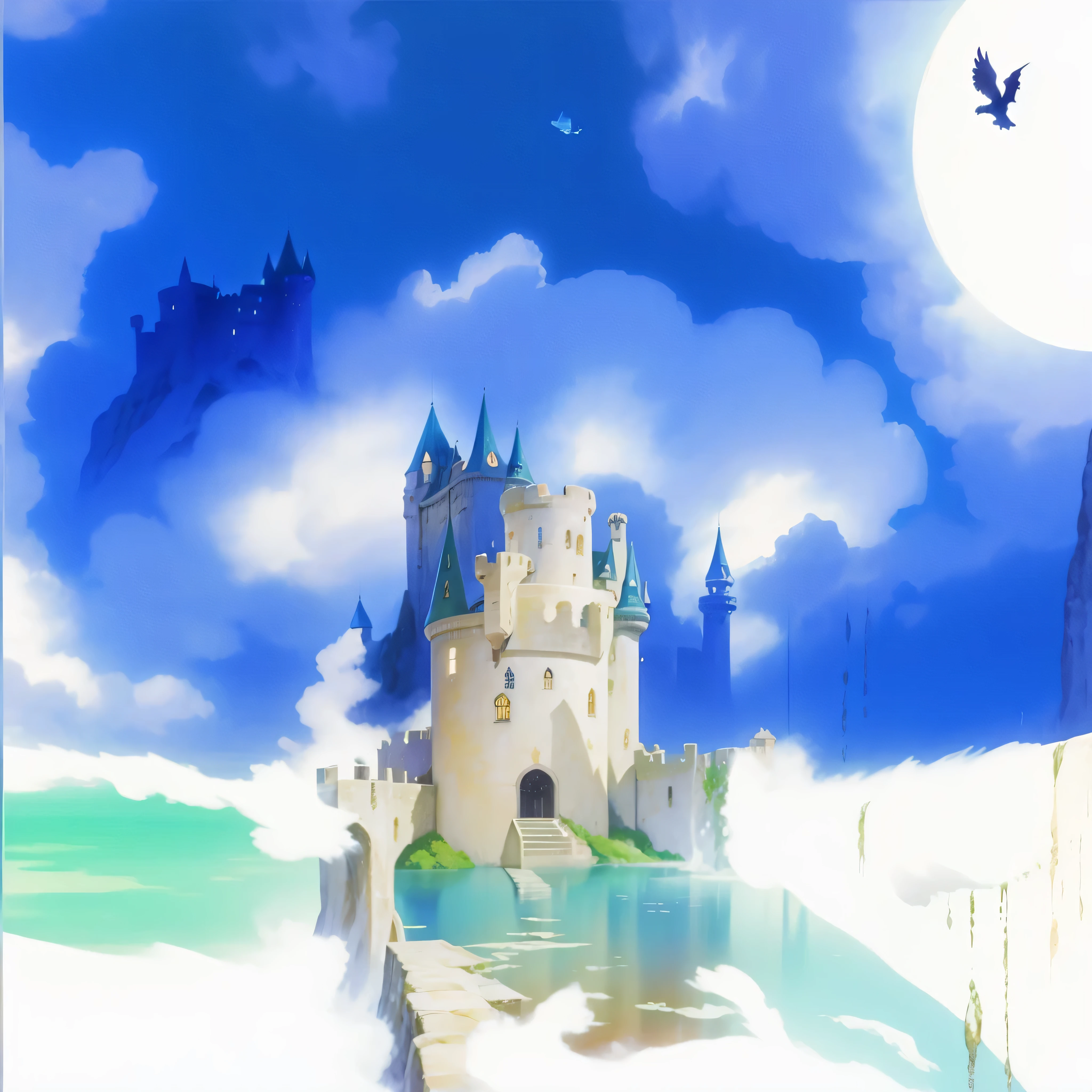 painting of a castle with a cat and a bird in front of the full moon, na frente de uma cidade de fantasia, ( castelo ao fundo ), castelo ao fundo, castelo feito de nuvens, pintura de computador, Quick paint, castelo de nuvem voadora, fantasy pictorial style, castle in the distance, fantasy water color, in a castle on an alien planet, castelo de fantasia