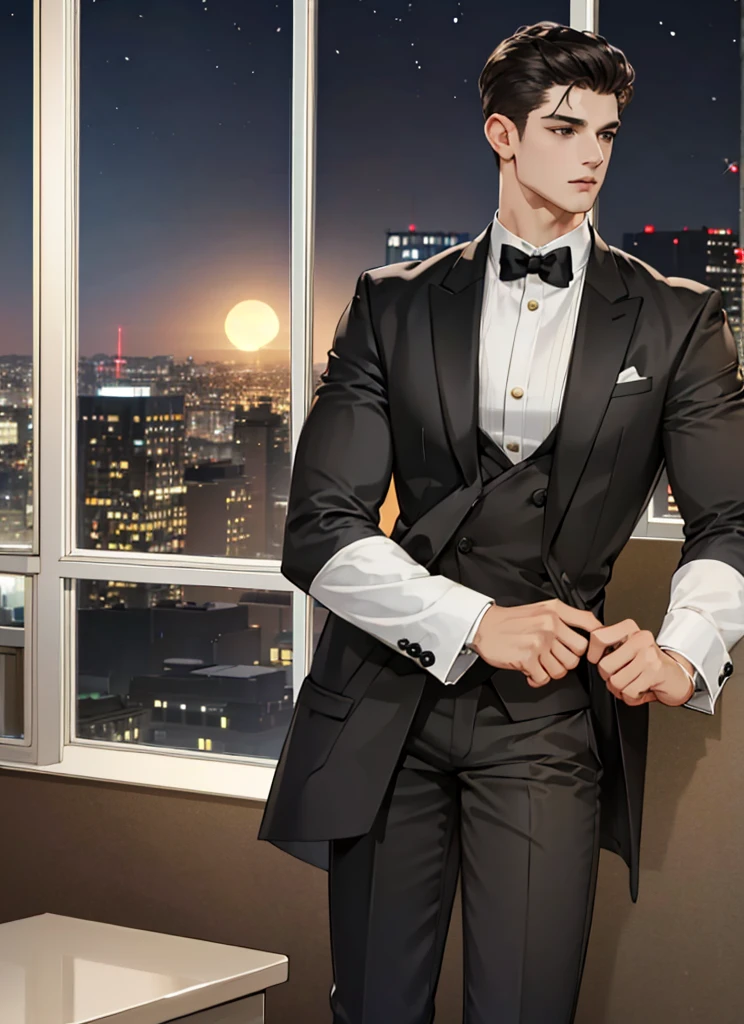 (modern day, k hd, ultra - detailed), (1male people, solo person, AS-Adult, mature:1.4, Idade:1.4, young, Tall muscular man, Handsome), Very short hair, black color hair, Hair oil, with brown eye,(Pointed chin:1.4,Thick neck:1.4,),the night,Dark,Look at the night view of the city through the large window,brown suit,tiese,full bodyesbian,luxury goods,luxury goods,business man