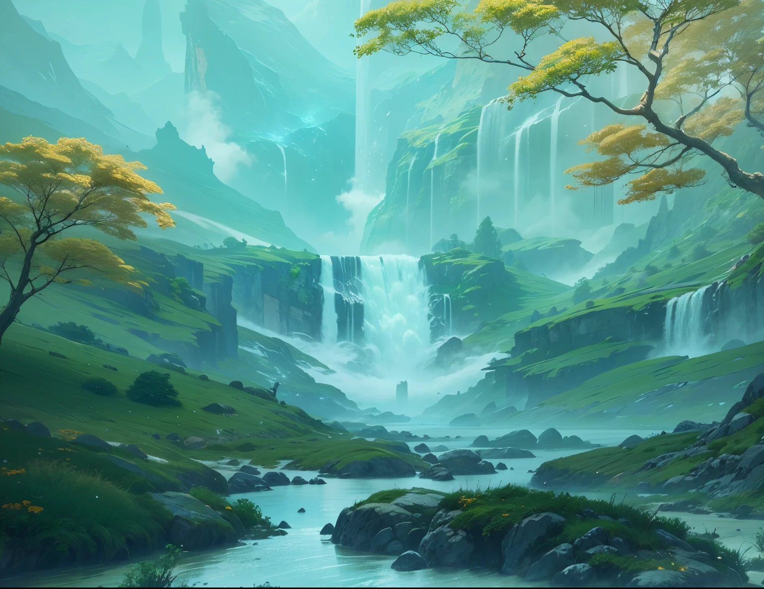 Kunlun Misted Peaks, The mythical misty immortal mountains of Kunlun from chinese folklore, Natural landscape, Made in Abyss, Stormlight Archive, Studio Ghibli, Anime Key Visual, by Makoto Shinkai, Deep Color, Intricate, 8k resolution concept art, Natural Lighting, Beautiful Composition, Xianxia style