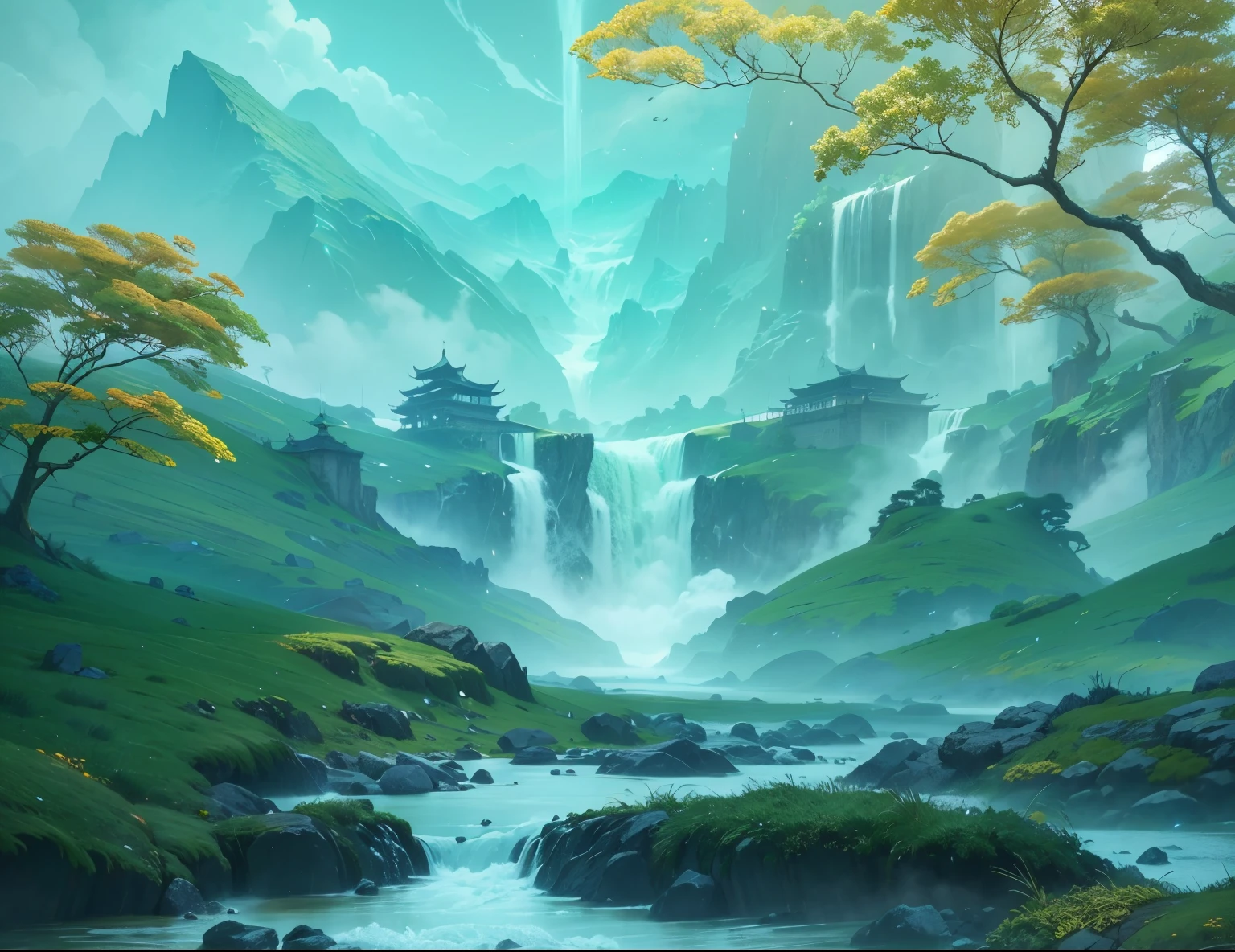 Kunlun Misted Peaks, The mythical misty immortal mountains of Kunlun from chinese folklore, Natural landscape, Made in Abyss, Stormlight Archive, Studio Ghibli, Anime Key Visual, by Makoto Shinkai, Deep Color, Intricate, 8k resolution concept art, Natural Lighting, Beautiful Composition, Xianxia style