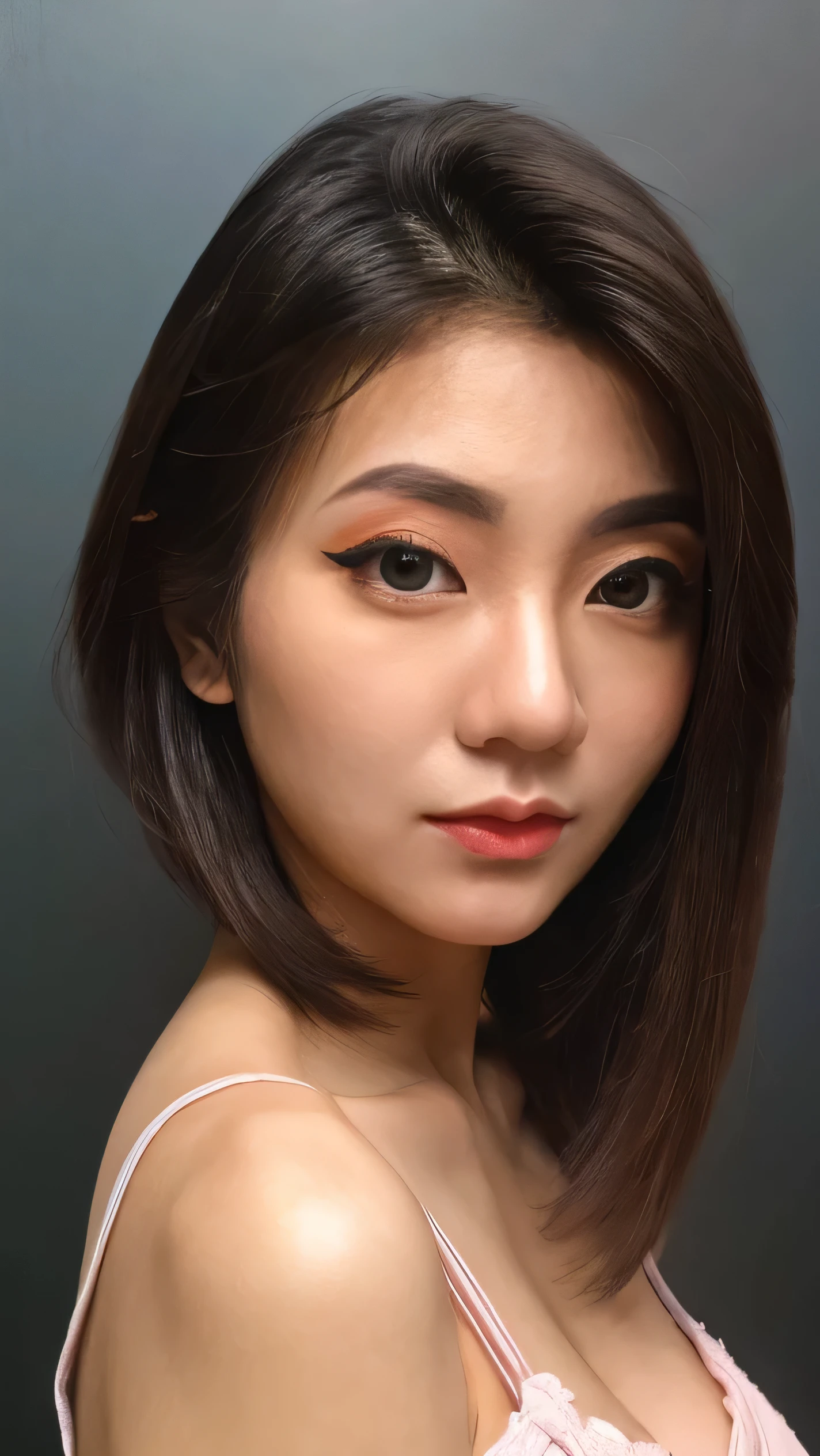 Ultra - High resolution, masterpiece, rough skin, very detailed, Photoreal, professional lighting, Depth of bounds written, sharp, gray background, (japanese mature, 32 years old), detailed and beautiful eyes, BRIGHT EYES, detailed double eyelids, (Big eyes:1.3),long eyelashes,, small nose, small mouth,, women sexy, detailed face, beautiful eyes, bangs, good shape small breasts, BOB hair, red lips, ((stand in front、look at the viewer, close your mouth)), WEARING BLAZER, BLACK belt, half body photo, CANVAS background, close your mouth, pink lips, half body, center at portrait