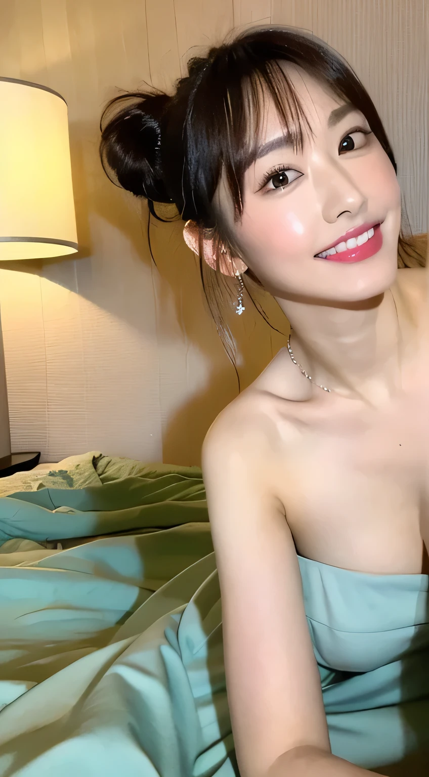 (highest quality, 4k, masterpiece :1.3),
sharp focus, shallow depth of field, Bright colors, professional level,
20-year-old, 1 person, (Half Japanese and German woman), The face of a famous Japanese actress,
Supple body :1.3, model body shape:1.5, perfect style:1.4,
narrow shoulders, beautiful clavicle, long and thin legs,
delicate body shape, The beauty of slim abs :1.2, thin waist :1.2,
super detailed skin, Fair skin, Shiny skin, super detailed face,
slim facial contour, beautiful small face, Beautiful lined nose,
super detailed eyes, long slit eyes, brown eyes, double eyelid, Beautiful thin eyebrows, fine long eyelashes,
super detailed lips, plump lips, glossy pink lips, flushed cheeks, beautiful teeth,
Beautiful actress's ennui makeup, pink lipstick,
dark brown hair, delicate soft hair,
(hair up, medium short hair, ponytail:1.2),
layer cut, (dull bangs:1.2),
(stylish looking earrings,necklace,bracelet,shiny nail art:1.2),
cute smile, open mouth half way, Enchanted expression, ((stare at the viewer)),
(((photorealism,Shoot the whole body from the thighs:1.5))), ((The body is facing sideways)),
Photographed directly from the front, dynamic lighting,
(Dress up in a tight green polka dot dress:1.2),
((luxury hotel bedroom bed, The midsummer sun shines on the whole)),
The large windows overlook the ocean horizon.,
((She is lying naked in a beautiful position:1.4)),
The areola of the breast is beautiful:1.2,
(perfect breast shape, rich breasts:1.2),
It is a small pale pink areola.,
(She has a cute plump butt, My thighs are dazzling),