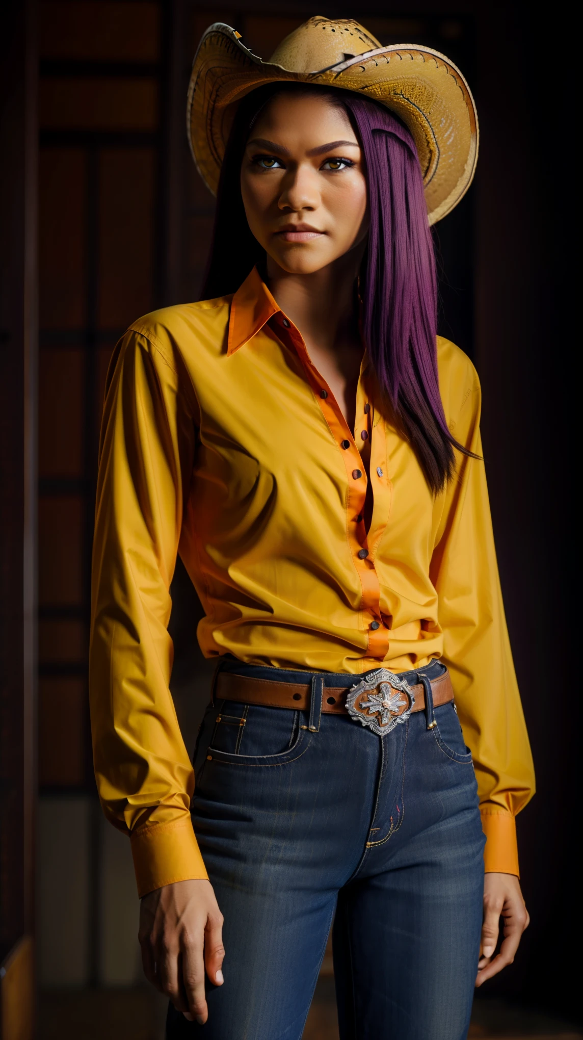 zendaya, yoruichishihouin, yoruichi shihouin, long hair, (yellow eyes:1.5), ponytail, purple hair, dark skin, dark-skinned female, BREAK bodysuit, black bodysuit, bodysuit under clothes, shirt, (orange shirt:1.5), long sleeves, BREAK outdoors, BREAK looking at viewer, BREAK (masterpiece:1.2), high resolution, unity 8k wallpaper, (beautiful detailed eyes:1.6), extremely detailed face, perfect lighting, extremely detailed CG, (perfect hands, perfect anatomy), (cowboy shot:1.5), (illustration:0.8), best quality, anatomically correct, award winning