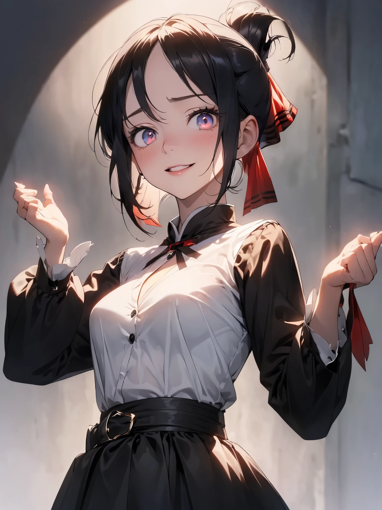(It was glaring, shiny skin, Super detailed)((1 girl)),(perfect face, detailed face, fine eyes,perfect hands,perfect fingers), (medium breasts:1.2,evil smile:1.4),(mature woman:1.4),cowboy shot,thick,throw, (from below:1.4),((half closed eyes)):1.3, Shinomiya_Kaguya,((black dark gradient hair:1.5)), gradient eyes, (shining eyes:1.45), Red pubic hair in the eye,mascara, (fashion makeup), parted lips,blush, parted bangs, ribbon, red ribbon, hair ribbon, folded ponytail, black long skirt、White shirt with a little sheer, long sleeve, neck ribbon、dynamic pose, ((8k wallpaper)),bare chest,cleavage, window,chest comes out,transparent clothes、(((white background))),perfect hands、beautiful fingertips