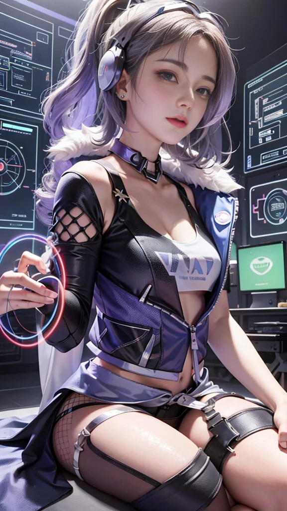 ((((7 avatar shots)))),Silver Wolf,masterpiece,best qualtiy,ultra - detailed,Extremely detailed 16k CG game art style ,beauitful face,(Silver wolves in an esports room),(Perfect Beautiful Curved Figure),sitted,Rainbow Color Jewel Eyes,Wearing a resin holographic sports bra,A crop top drapeini pleated skirt,Bell collar,Impotence,outline light,concert,neonlight,audio,Bell collar,eSports headphones,Computer,E-sports room,playing game,White interior through red skin,holographic projections,Flat sphere,Graffiti logo,(Highly detailed tattoos at navel )
